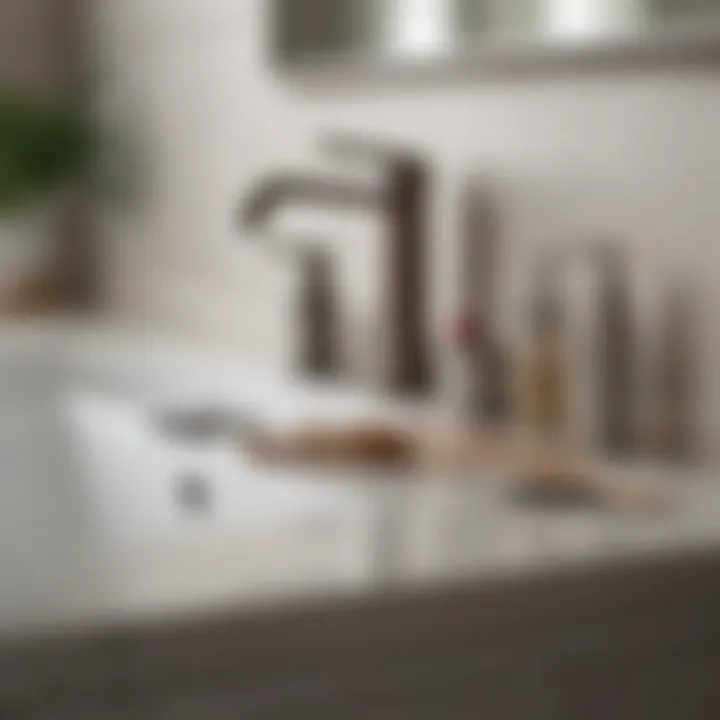 A variety of unclogging tools arranged neatly on a bathroom counter