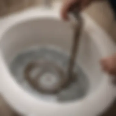 A person using a snake tool to address a drain issue