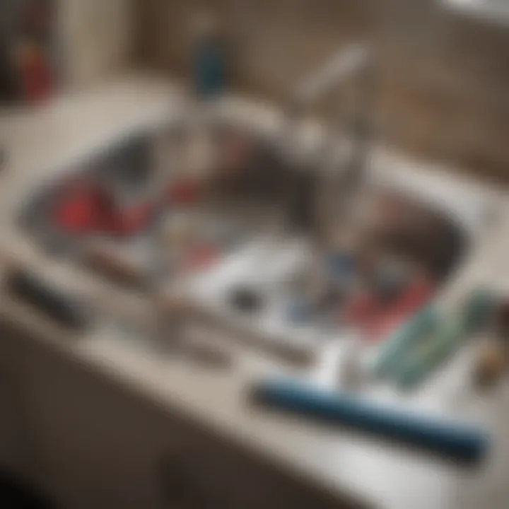 An array of DIY tools laid out for home plumbing repairs.