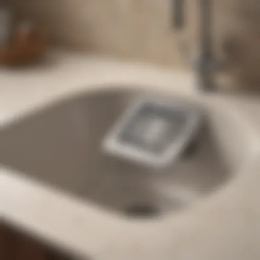 Close-up view of a kitchen sink drain showing signs of blockage.
