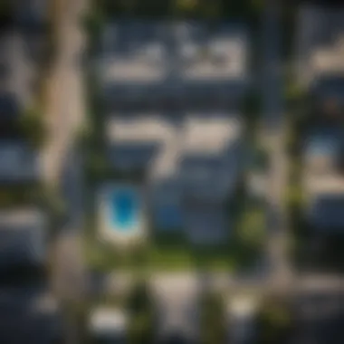 Top view aerial shot of a residential area showcasing property sizes