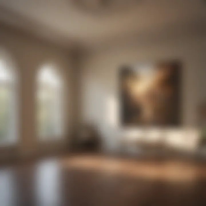 Artwork placement in spacious well-lit room with drywall