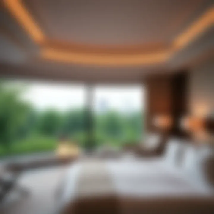 Elegant Hotel Room with Scenic View Elegant hotel room with a view of the botanical garden