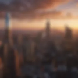 Skyscrapers of Manhattan skyline at sunset