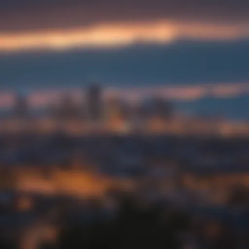 Sunset over Denver skyline with mountain backdrop