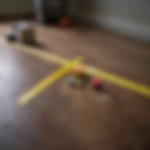 Measuring tape laid out on a floor for square footage calculations