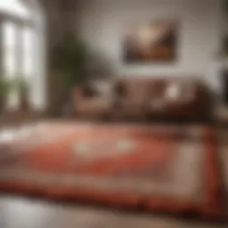 A luxurious wool rug elegantly displayed in a living room setting, showcasing its texture and color.
