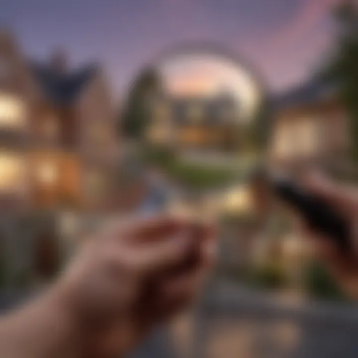 Hand holding magnifying glass over real estate assets