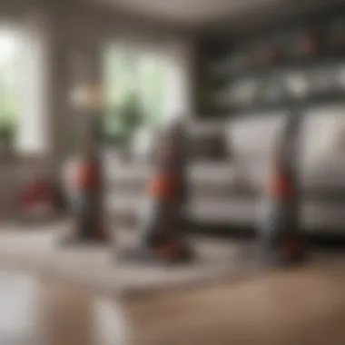 Different types of vacuum cleaners arranged beside a sofa