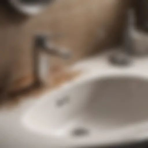 Close-up of a clogged bathroom sink with visible debris