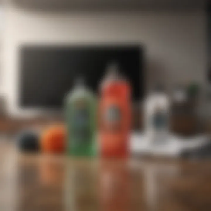 Arrangement of recommended cleaning products for screen maintenance.