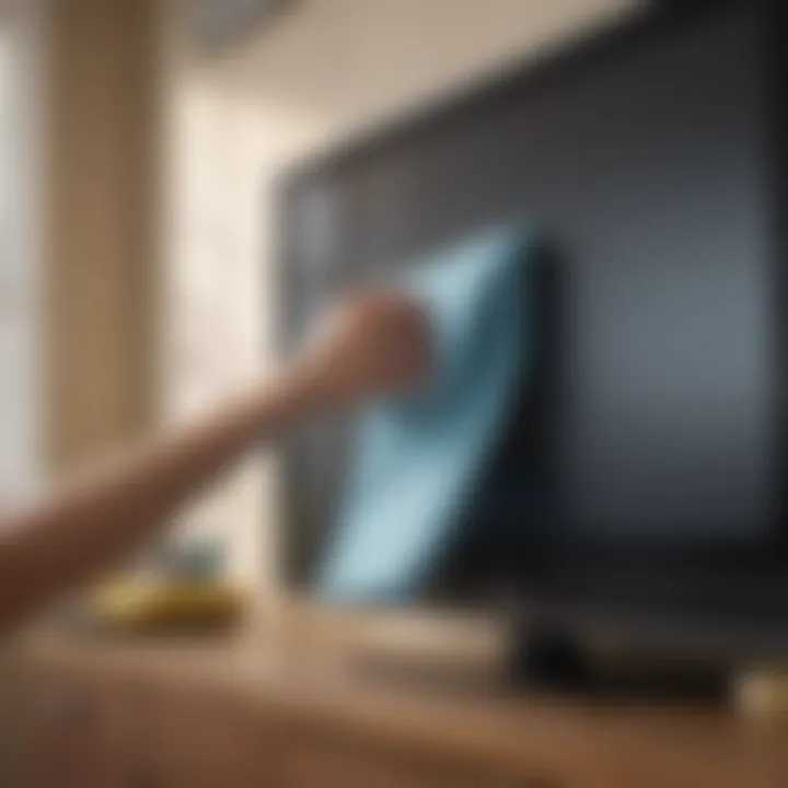 TV screen being wiped with microfiber cloth