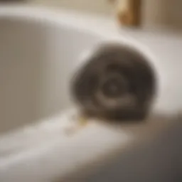 A close-up of a bathtub drain showing hair and debris buildup.