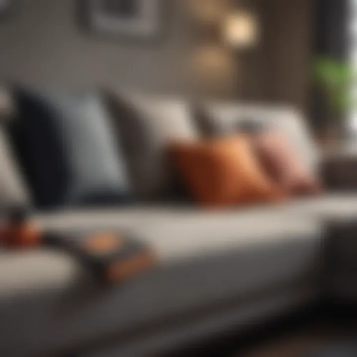 Essential cleaning tools arranged neatly beside a sofa