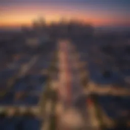 Aerial view of Los Angeles skyline during sunset