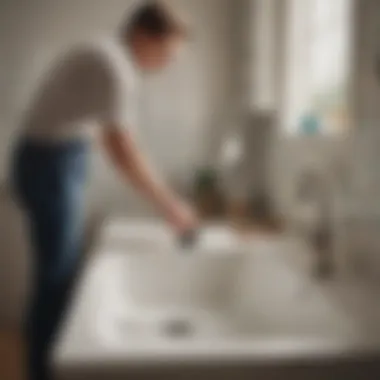 Illustration of a person using a plunger to unclog a sink