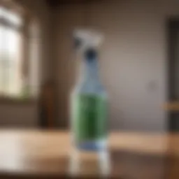 Disinfectant spray bottle on table