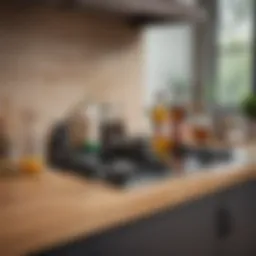 Vinegar bottle and cleaning supplies arranged on a kitchen counter