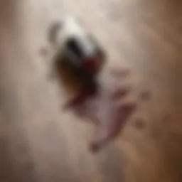 Close-up of a hardwood floor showing wine spill stain