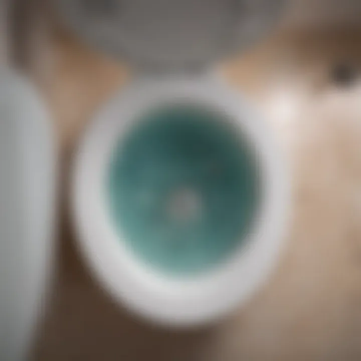 An overhead view of a toilet bowl filled with hot water and dish soap, showcasing a DIY unclogging solution.