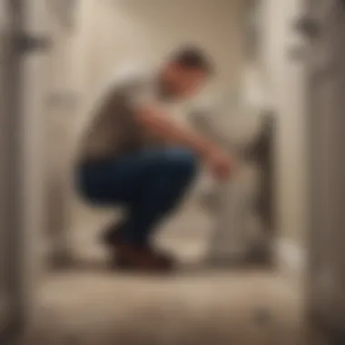 A homeowner inspecting the toilet's mechanism to identify the blockage source