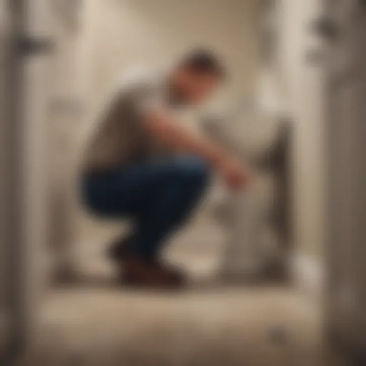 A homeowner inspecting the toilet's mechanism to identify the blockage source