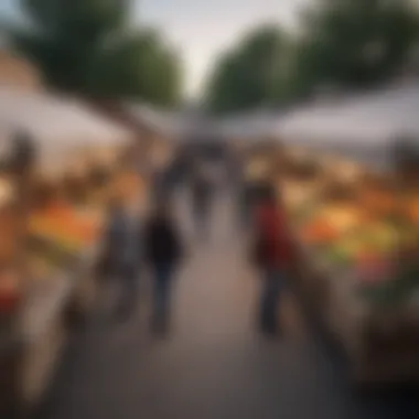 Community Engagement at Denver's Local Markets A panoramic view of a bustling local market in a developing neighborhood, highlighting community engagement
