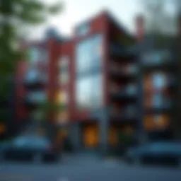 Contemporary apartment building in Slabtown, showcasing unique architectural design.