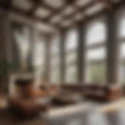 Elegant living room showcasing tall ceilings with decorative beams