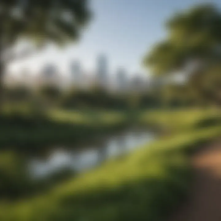 Lush green park with city skyline in Austin