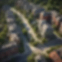 Aerial view of an affordable urban neighborhood showcasing low-rise buildings and green spaces.