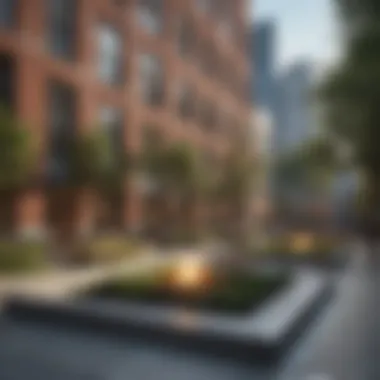Architectural Elegance of NYC Common Spaces Architectural design of a modern communal plaza with artistic installations