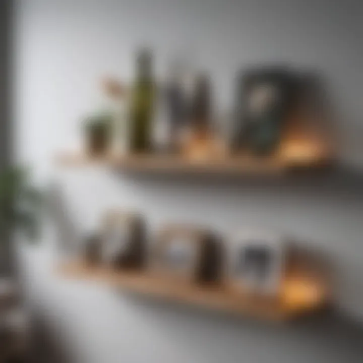 Unique floating shelves showcasing art and photographs in harmony