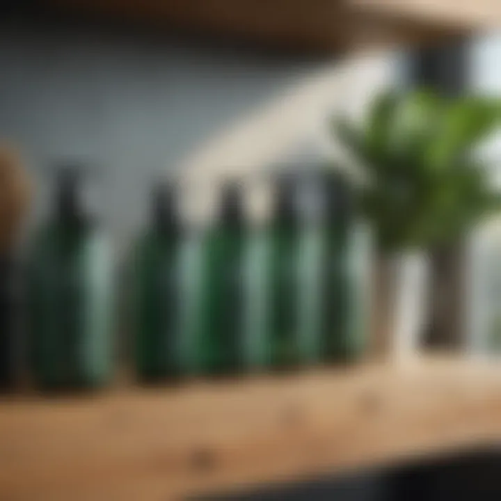 Eco-friendly cleaning products displayed on wooden shelf