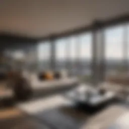 Luxurious modern apartment interior with panoramic city views