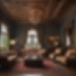 Vintage apartment interior with ornate ceiling molding and antique furnishings