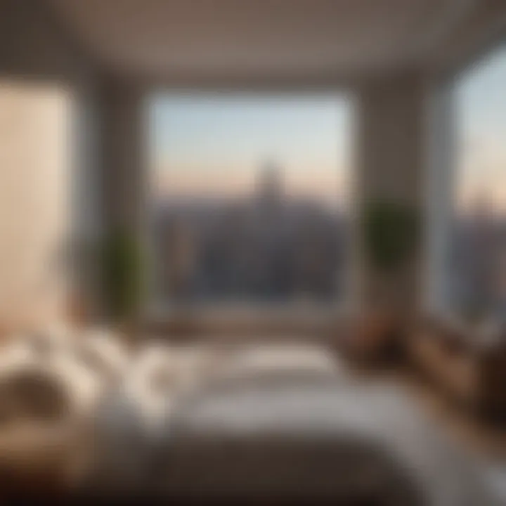 Cozy bedroom with city skyline view