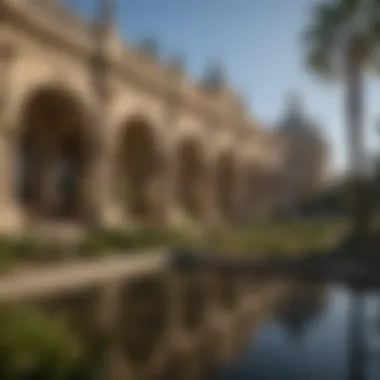 A picturesque view of Balboa Park, featuring gardens and Spanish architecture.