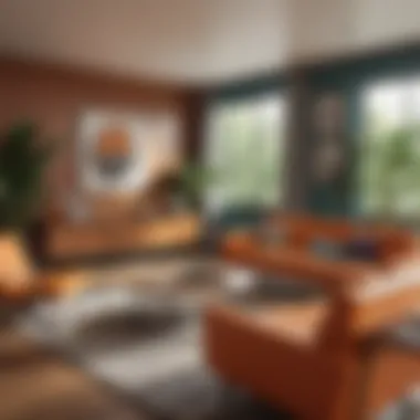 Post Mid-Century Modern Living Room A sleek post mid-century modern living room with bold colors and geometric furniture.