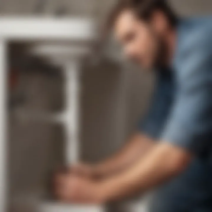 Illustration of a plumber fixing the clogged pipe
