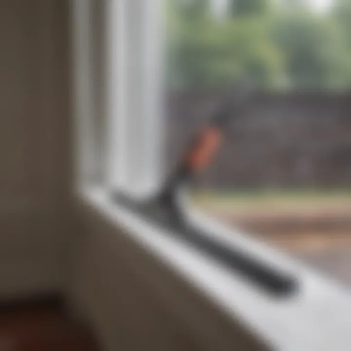 Professional squeegee tool resting on a spotless window sill