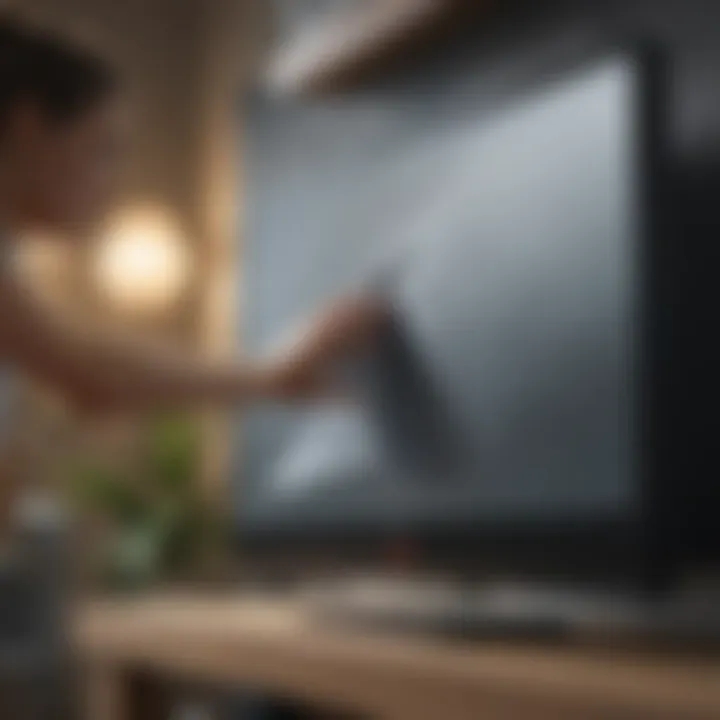 Person using a microfiber cloth to gently clean a TV screen