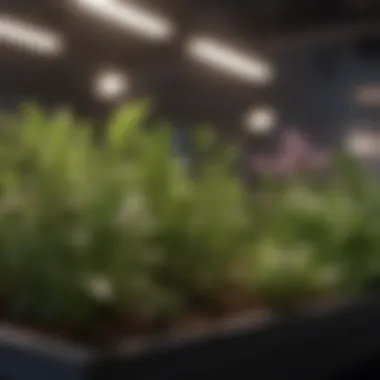 Thriving Herbs Under Grow Lights Close-up of various herbs thriving under artificial light