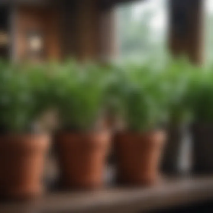 Close-up of various herbs in pots