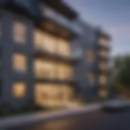 Exterior view of a modern Highland Park apartment building showcasing architectural design