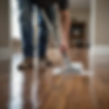 Homeowner applying protective coating on laminate floor
