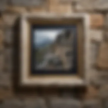 A close-up of a picture frame securely fastened to a stone wall.