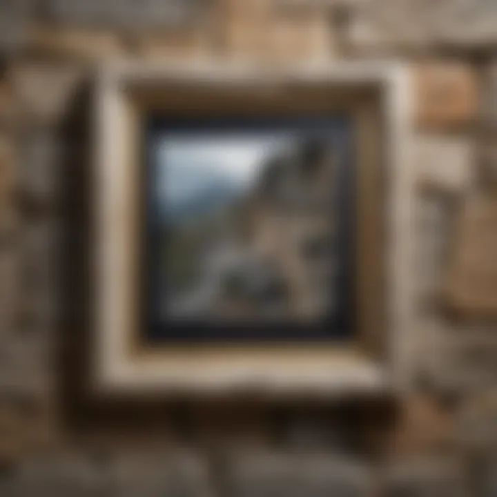 A close-up of a picture frame securely fastened to a stone wall.