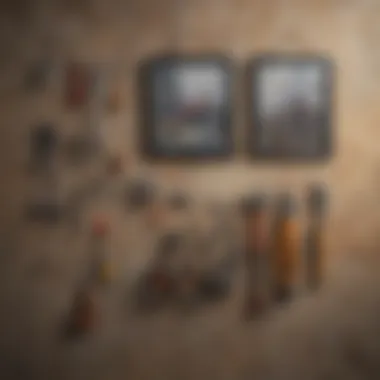 Tools laid out for hanging pictures on stone surfaces.