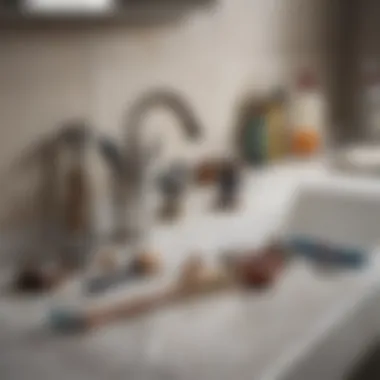 Tools neatly arranged on a bathroom counter, ready for plumbing tasks